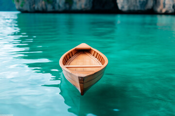 Obraz premium Floating wooden boat on smooth reflective water in exotic location. Blue tones and calm waves create a peaceful, meditative scene of natural elegance.