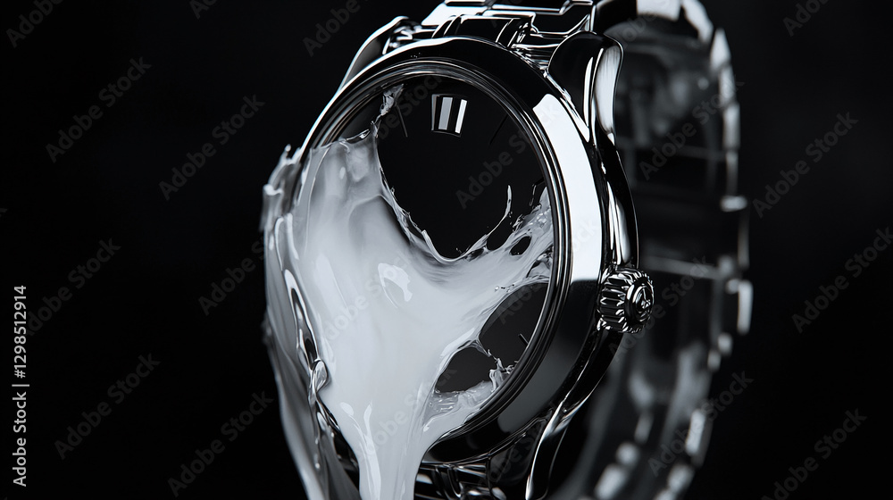 Poster close-up of a luxury watch with milk splashing over it, highlighting the watch's sleek metal finish 