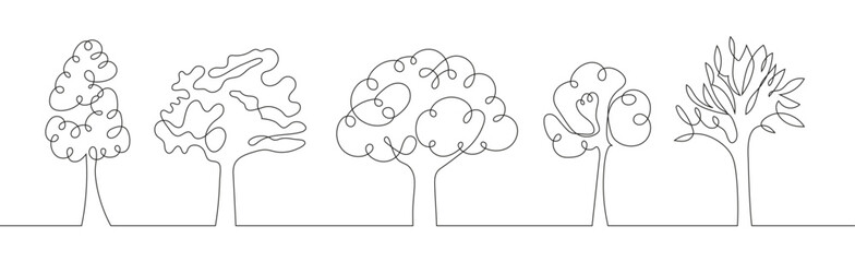 Minimalist continuous one line drawing of green trees on a white background. Perfect for garden decoration, park design
