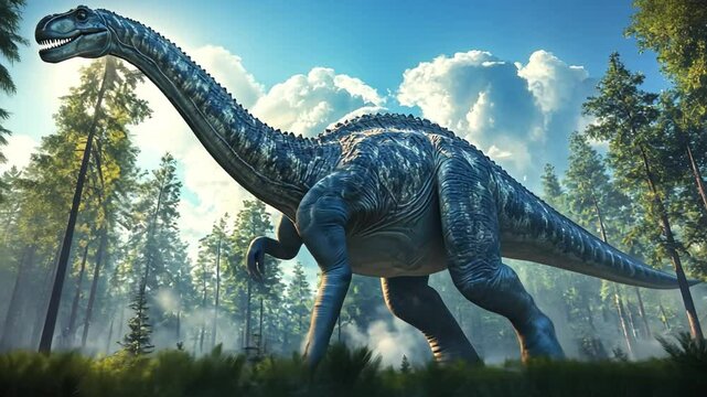 Brachiosaurus in Ancient Forest: a magnificent brachiosaurus dinosaur stands tall in a prehistoric forest setting. The dinosaur&rsquo;s massive size contrasts with the towering trees and blue sky.