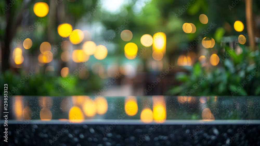 Poster a close-up view of a blurred outdoor scene with bokeh light effects and reflections on a polished su