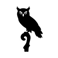 This striking black-and-white silhouette of an owl perched on a curled branch embodies the essence of wisdom and mystery in a minimalist style. The sharp contrast between the deep black owl and the pu