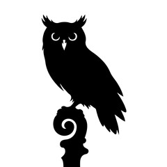 This minimalist owl silhouette captures the essence of nocturnal wisdom through a striking black-and-white graphic design. Perched gracefully on a delicate curled ornament, the owl’s form is rendered 