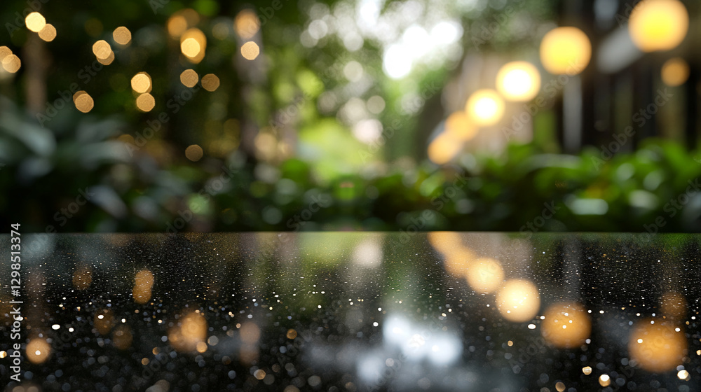 Aufkleber a close-up view of a polished dark stone surface with a blurred background of outdoor greenery and s