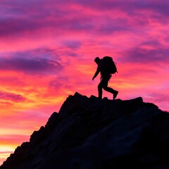Silhouette of Person Hiking at Sunset