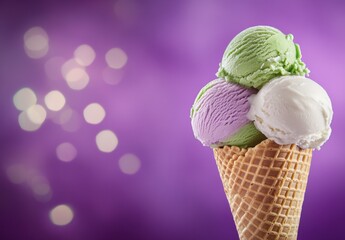Delicious ice cream cone vibrant background food photography colorful environment close-up view summer treat delight