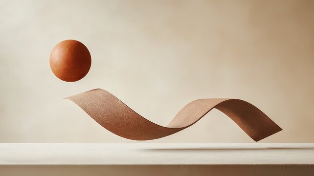 Floating taupe suede strip with terracotta sphere in warm soft light creating an elegant composition