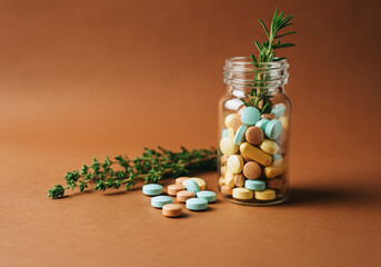 Natural Medicine: Bottle of Pills with Medicinal Herbs and Green Leaves on a soft Background