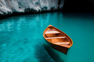 Obraz premium Handcrafted wooden boat floating on clear tropical lagoon. Warm sunlight enhances the rustic charm, symbolizing travel, adventure, and peaceful escape.