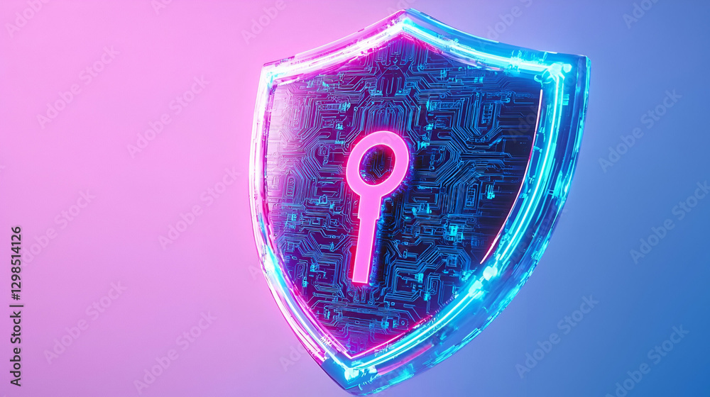 Poster digital shield with key symbol and circuit patterns on colorful background