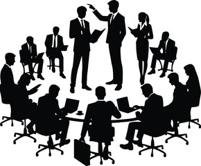 Silhouette illustration of business professionals interacting in a modern office setting. Some are listening, capturing a collaborative and dynamic meeting atmosphere 