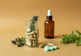 Natural Medicine: Bottle of Pills with Medicinal Herbs and Green Leaves on a soft Background
