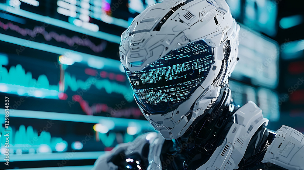 Poster futuristic robot with data display in high-tech environment