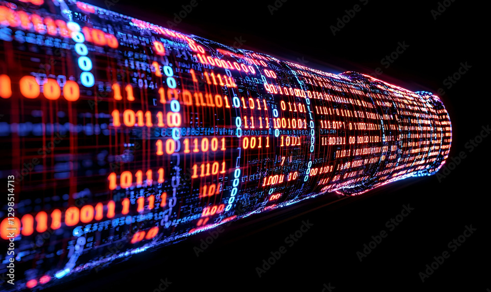 Poster abstract digital data stream with binary code and neon colors