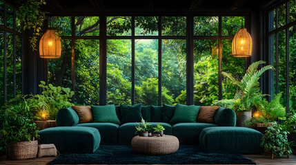 Lush jungle view from a relaxing indoor lounge