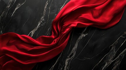 Obraz premium Elegant crimson silk drapes over glossy black marble with subtle white veins in dramatic lighting