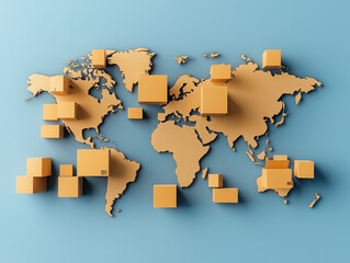 world map with cardboard boxes in various locations, symbolizing global shipping and logistics. boxes are in warm color against blue background, creating modern and clean look
