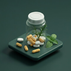 Natural Medicine: Bottle of Pills with Medicinal Herbs and Green Leaves on a soft Background