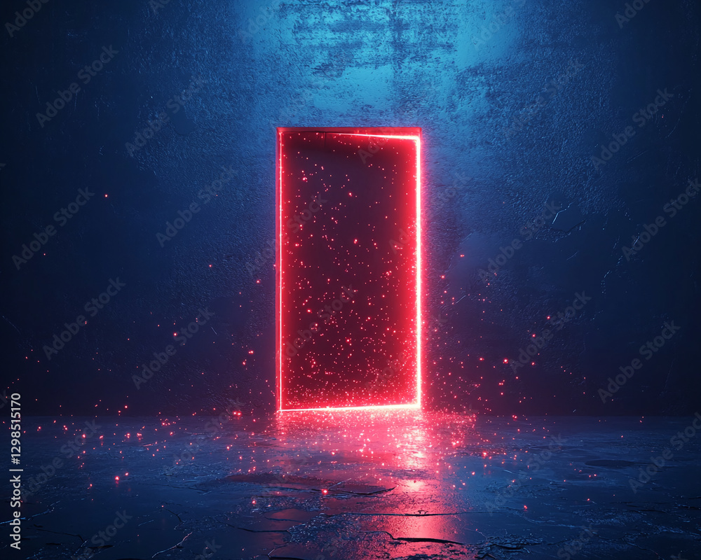 Poster a glowing red door appears on a dark, textured wall with sparkling particles, symbolizing opportunit