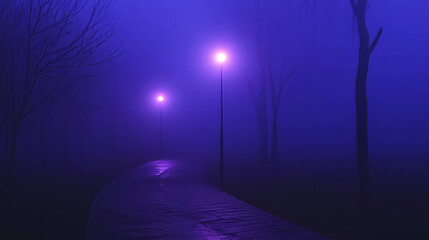 Fototapeta premium Mysterious foggy night with soft purple lamp light on pathway