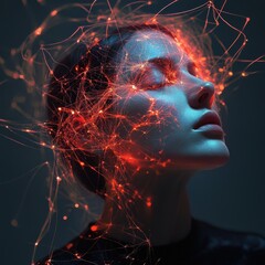 Person Enveloped in Glowing Threads Expressing Anxiety and Overthinking, Illustrating a Complex Emotional State With Artistic Flair