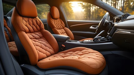 Comfortable luxury car seat with built-in body relaxation features, adjustable heating pads, premium travel experience, 8K quality realistic image