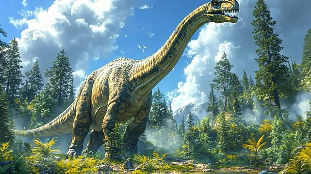 Majestic Brachiosaurus in Jurassic Forest: A giant brachiosaurus, a long-necked dinosaur, stands majestically in a prehistoric forest with lush vegetation, tall trees, and a bright sky.
