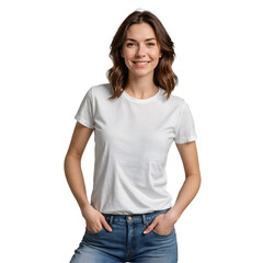 Fototapeta premium A young woman wearing plain white t-shirt, mock-up.