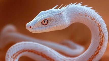 Fototapeta premium A striking albino snake, coiled and poised, its scales gleaming under a warm light. Intricate details highlight its unique beauty.