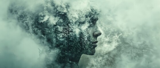 Double Exposure of a Man Merged With Cloudy Mountains Creating a Serene Travel Lifestyle Concept