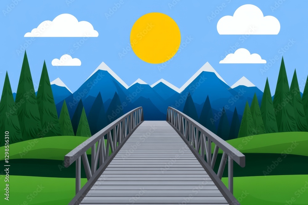 Poster a flat vector illustration of a footbridge over a river in a modern design