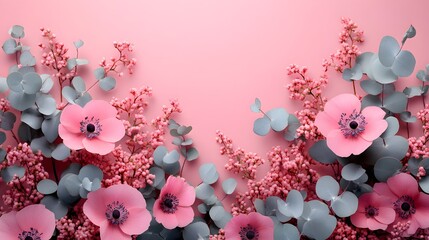 Captivating Floral and Eucalyptus Arrangement on Gentle Pink Background for Celebrating Unique Occasions