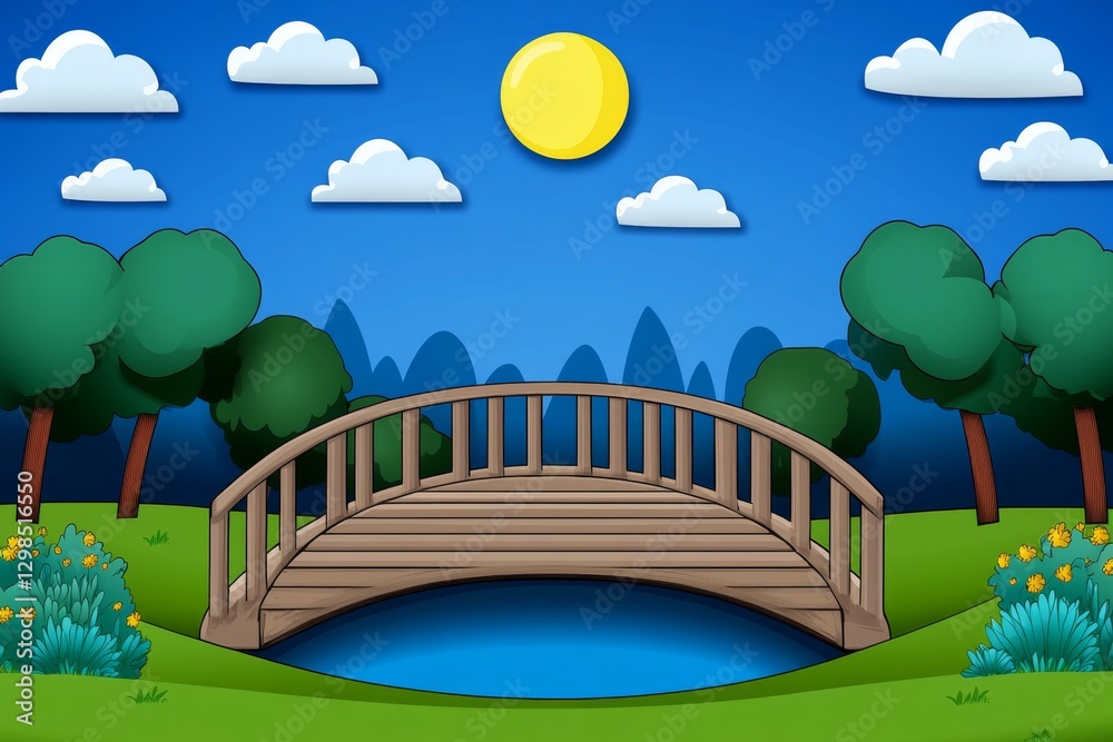 Poster a flat vector illustration of a footbridge over a river in a modern design