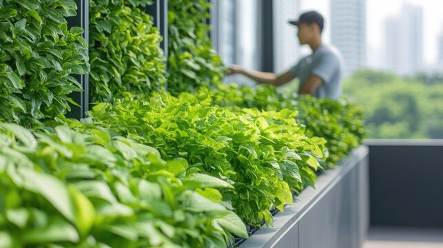 Urban gardening scene showcasing lush greenery with person tendi