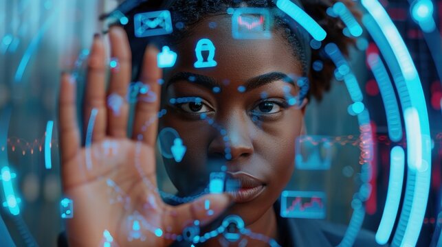 Innovative African Businesswoman Engaging in Digital Biometric Scanning for Enhanced Data Protection and Facial Recognition Technology - Powered by Adobe