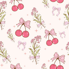 cherry with bow pattern seamless, vintage flowers, Vintage Retro Pink Seamless Pattern, Pink Vintage Coquette valentine seamless file, Retro Pink seamless file, Spring Retro coquette Digital wallpaper