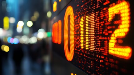 Close Up of L.E.D. Stock Ticker Showing Market Data Prices and Numbers at Night With Blurred Crowd