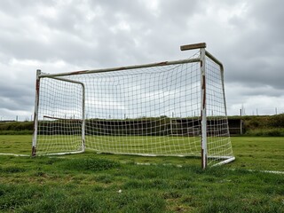Fototapeta premium Abandoned Soccer Goal, Destroyed Net, Coast of Death, Larino, Galicia, Spain