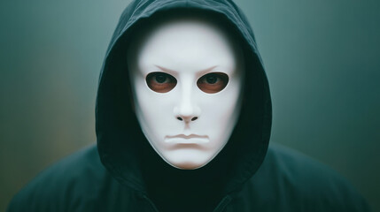 man wearing white mask and black hooded jacket conveys sense of fear and mystery. eerie atmosphere enhances unsettling expression in his eyes