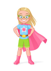 Cute little girl in eyeglasses pretending to be a superheroine with a pink cape. Cartoon vector illustration.