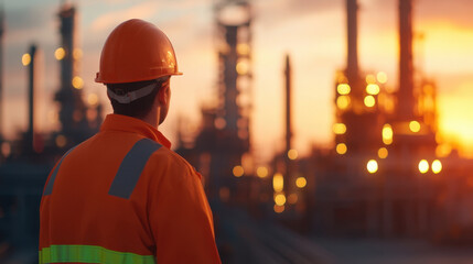 worker in orange safety suit and helmet observes refinery at sunset, surrounded by industrial structures and glowing lights, reflecting sense of diligence and safety