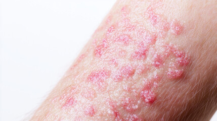 Fototapeta premium Medical photograph of person inner elbow showing skin condition with red patches and scales. image highlights texture and appearance of affected area, conveying sense of discomfort