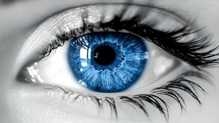 A close-up of a blue eye, highlighting the intricate details of the iris and eyelashes against a mostly monochrome background. Concept Close-Up Photography, Blue Eye Details, Intricate Iris Patterns