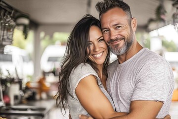 Fototapeta premium Affectionate couple standing in the kitchen and hugging.
