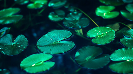 Tranquil water surface with green lily pads for nature and zen-themed designs