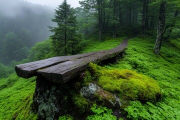 A foggy, mysterious footbridge disappearing into the mist in an enchanted forest