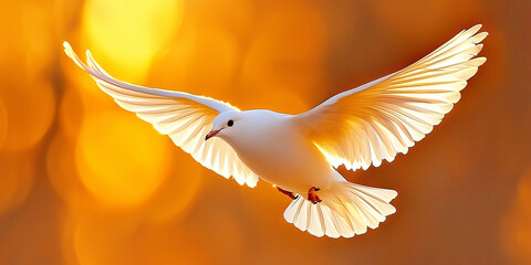 Fototapeta premium White dove flying in golden sunset light with glowing wings, copy space