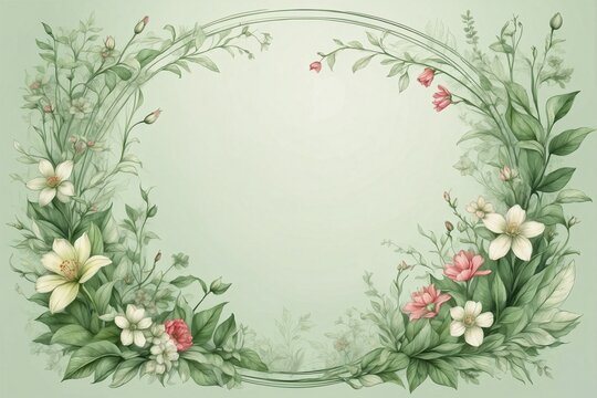 Spring frame with delicate flowers and green leaves on a light green background