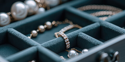 Fashion trendy jewelry inside security safe box. Jewelry items sorted in compartments. Stylish jewelry box 