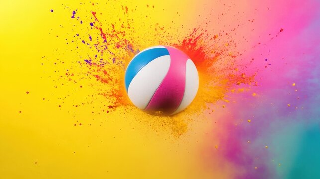 A colorful volleyball bursts through vibrant splashes of pink and yellow paint, creating a lively and energetic scene.